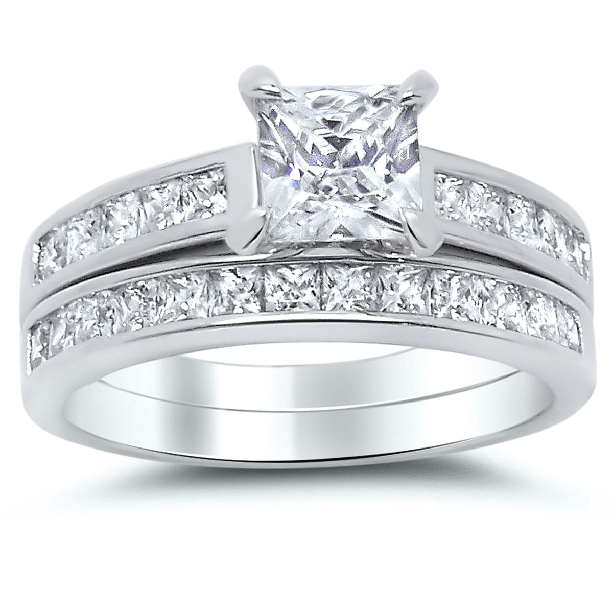 Front view of sterling Silver Princess Cut CZ Wedding and Engagement Ring Set