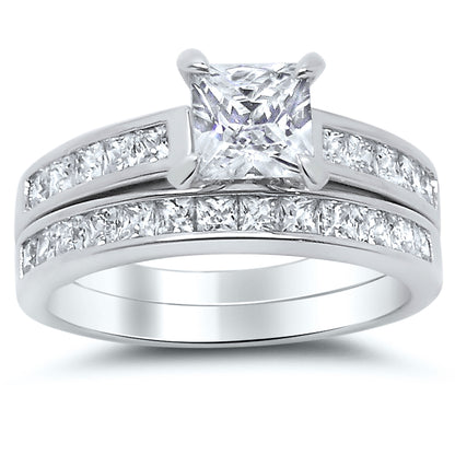 Front view of sterling Silver Princess Cut CZ Wedding and Engagement Ring Set