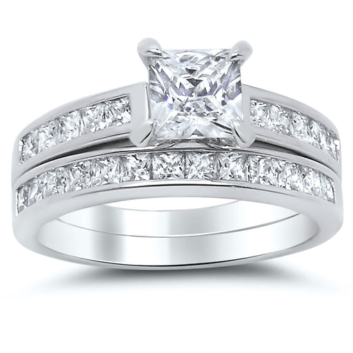 Sterling Silver Princess Cut CZ Wedding Engagement Ring Set