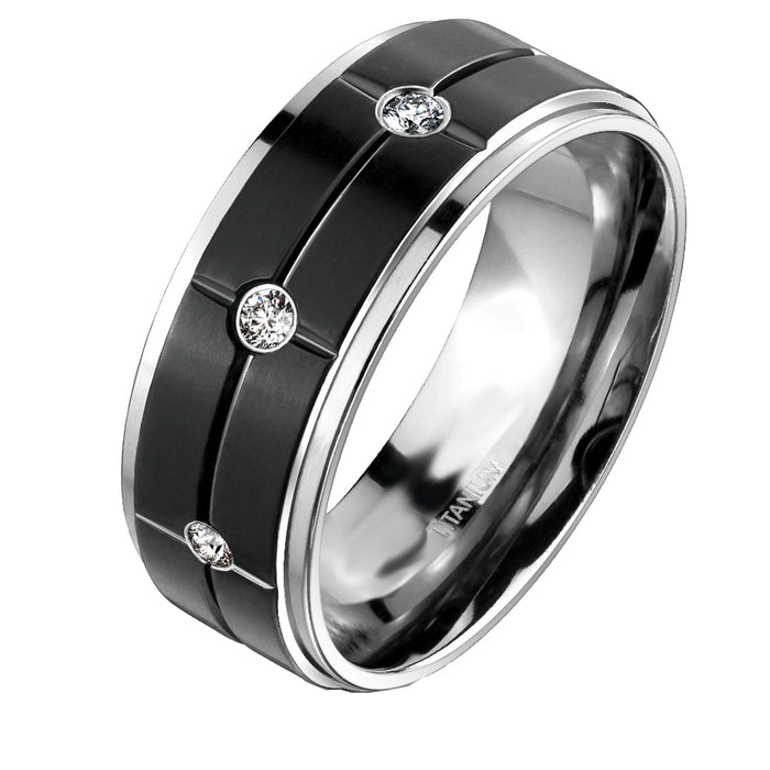 LaRaso Co His Her CZ Wedding Ring Set 3 Piece TRIO Silver Black Titanium Couples Bands