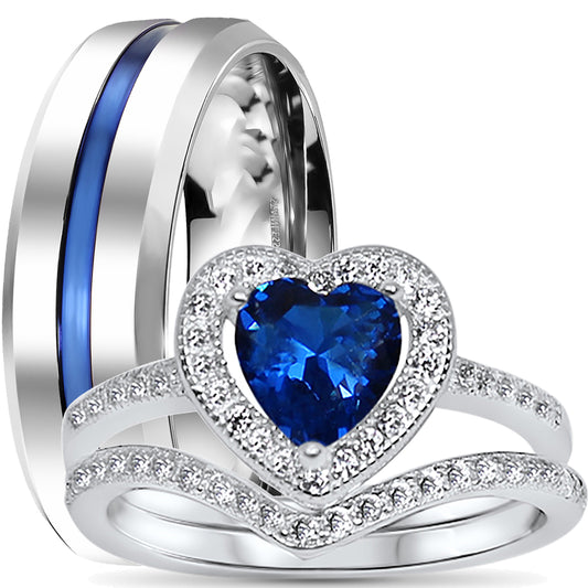 His and hers 3-piece CZ wedding ring set with sterling silver bridal rings and stainless steel men's band on white background