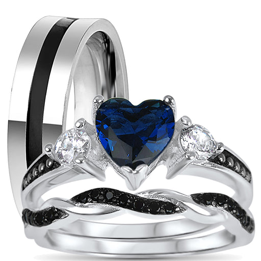 His and Her Unique Wedding Rings Set Blue Black Couples Rings Him Her