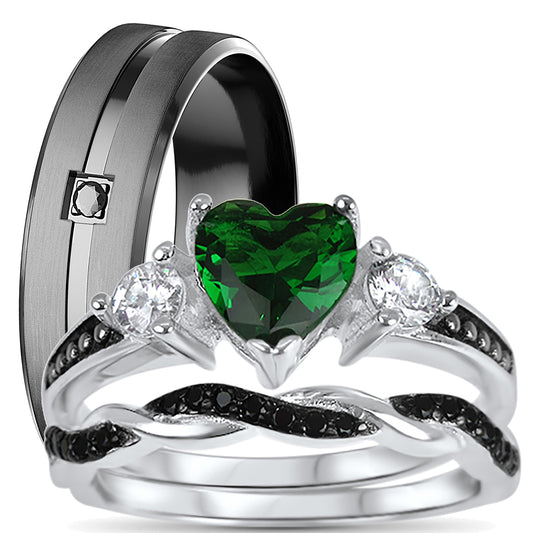 His and hers heart-cut green emerald wedding ring set with sterling silver bridal rings and stainless steel men's band on white background