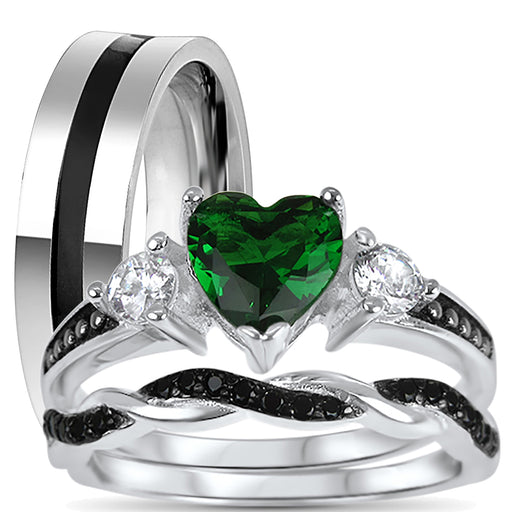 His and Her Wedding Rings Unique Green Heart Black Couples Bands Him Her