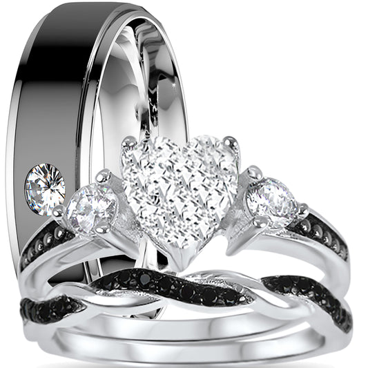 His and hers 3-piece black CZ wedding ring set with sterling silver bridal rings and stainless steel men's band on white background