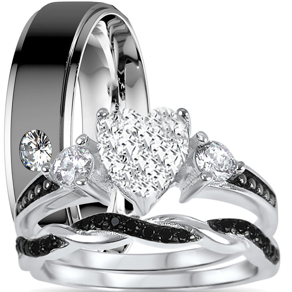 His and hers 3-piece black CZ wedding ring set with sterling silver bridal rings and stainless steel men's band on white background