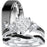 His and hers 3-piece black CZ wedding ring set with sterling silver bridal rings and stainless steel men's band on white background