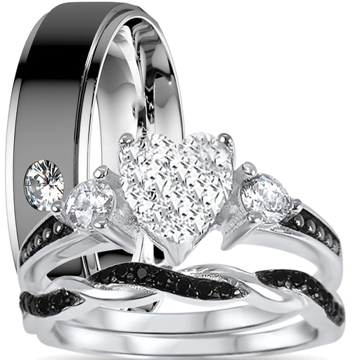 His and hers 3-piece black CZ wedding ring set with sterling silver bridal rings and stainless steel men's band on white background