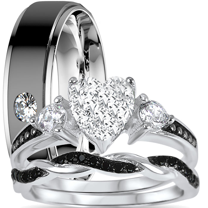 His and hers 3-piece black CZ wedding ring set with sterling silver bridal rings and stainless steel men's band on white background