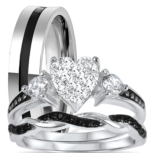 His and hers 3-piece black CZ wedding ring set with sterling silver bridal rings and stainless steel men's band on white background