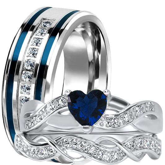 His and hers blue sapphire wedding ring set with sterling silver bridal rings and stainless steel men's band on white background
