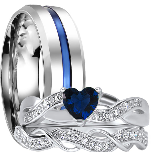 His and hers CZ wedding ring set with sterling silver bridal rings and stainless steel men's band on white background