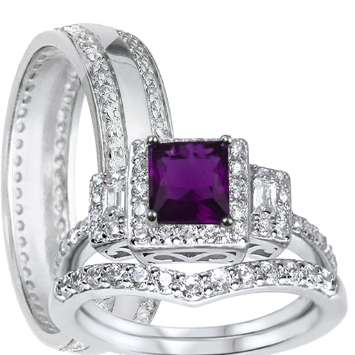 His Her TRIO Wedding Set Purple Amethyst Silver