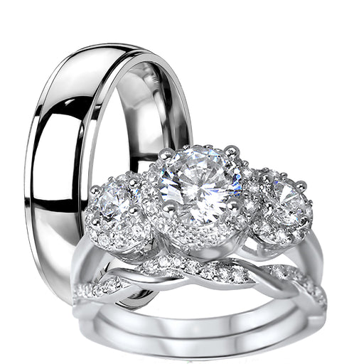 His and Her 3 Piece TRIO Wedding Ring Set