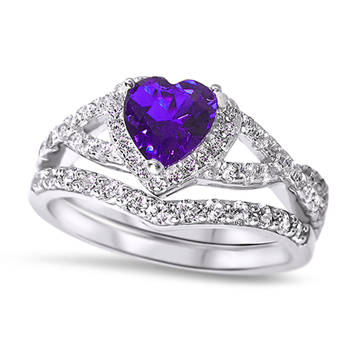 1 Carat Heart CZ Simulated Amethyst Purple Wedding Engagement Ring Set 925 Silver