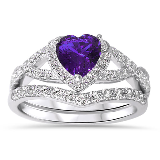 1 Carat Heart CZ Simulated Amethyst Purple Wedding Engagement Ring Set 925 Silver