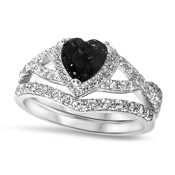 1 Carat Heart Black CZ Wedding Engagement Ring Set 925 Silver