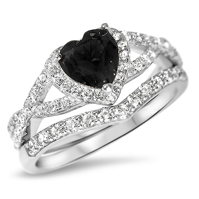 1 Carat Heart Black CZ Wedding Engagement Ring Set 925 Silver