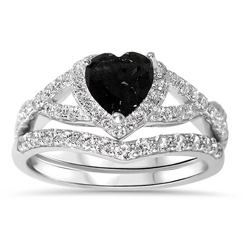 1 Carat Heart Black CZ Wedding Engagement Ring Set 925 Silver