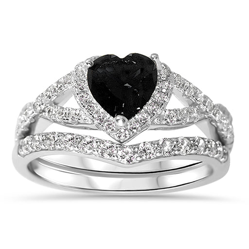 1 Carat Heart Black CZ Wedding Engagement Ring Set 925 Silver