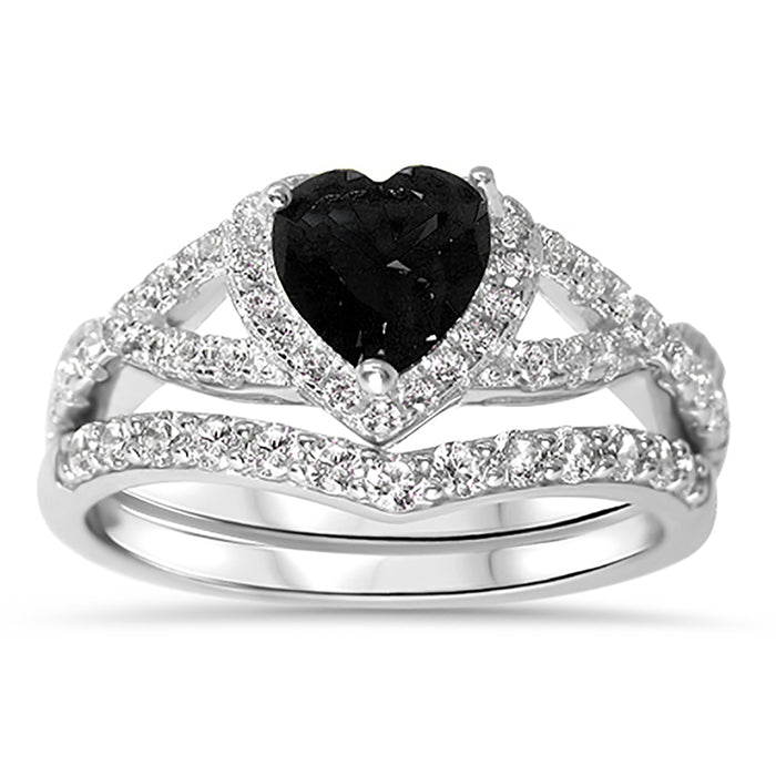 1 Carat Heart Black CZ Wedding Engagement Ring Set 925 Silver