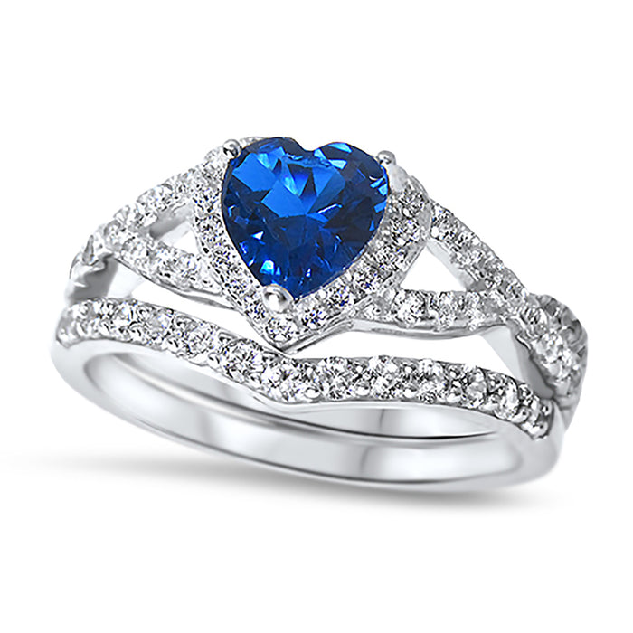 1 Carat Heart CZ Simulated Sapphire Wedding Engagement Ring Set 925 Silver