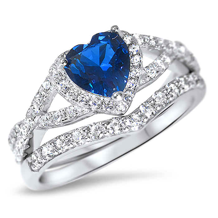1 Carat Heart CZ Simulated Sapphire Wedding Engagement Ring Set 925 Silver