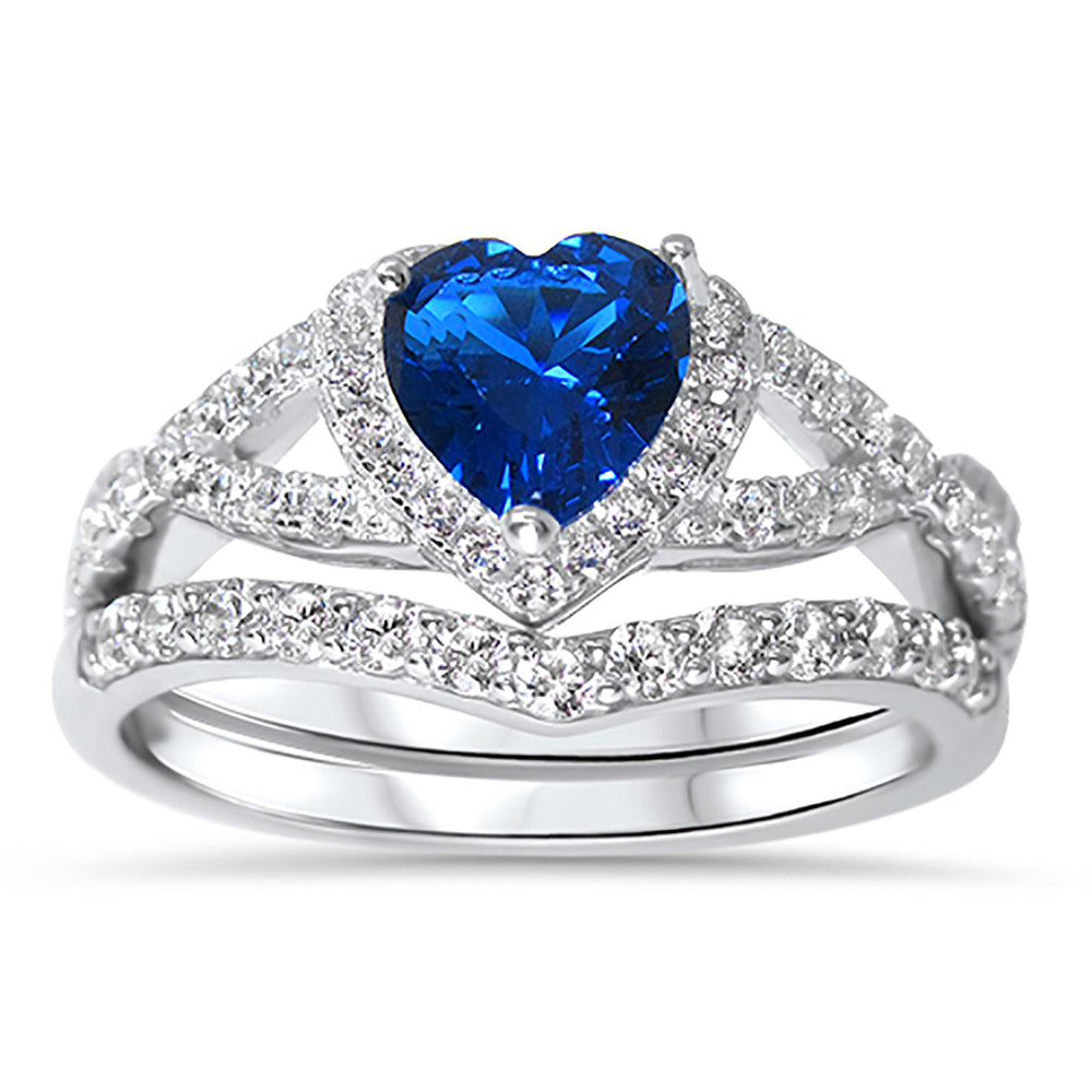 1 Carat Heart CZ Simulated Sapphire Wedding Engagement Ring Set 925 Silver