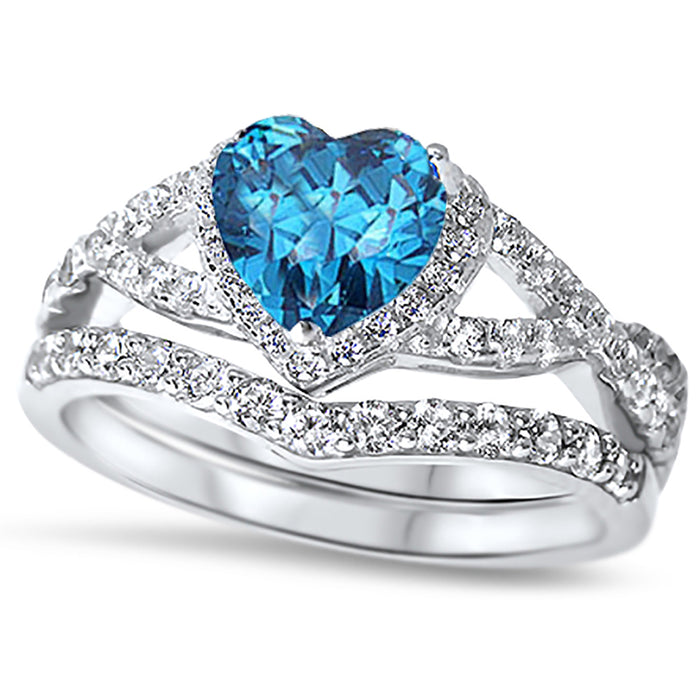 1 Carat Heart CZ Simulated Blue Topaz Wedding Engagement Ring Set 925 Silver
