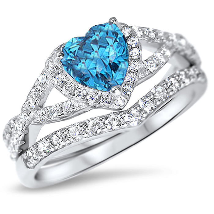 1 Carat Heart CZ Simulated Blue Topaz Wedding Engagement Ring Set 925 Silver