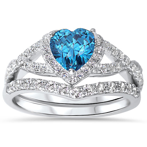 1 Carat Heart CZ Simulated Blue Topaz Wedding Engagement Ring Set 925 Silver