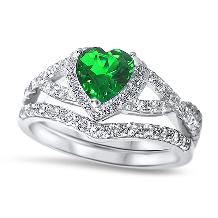 1 Carat Heart CZ Simulated Emerald Green Wedding Engagement Ring Set 925 Silver