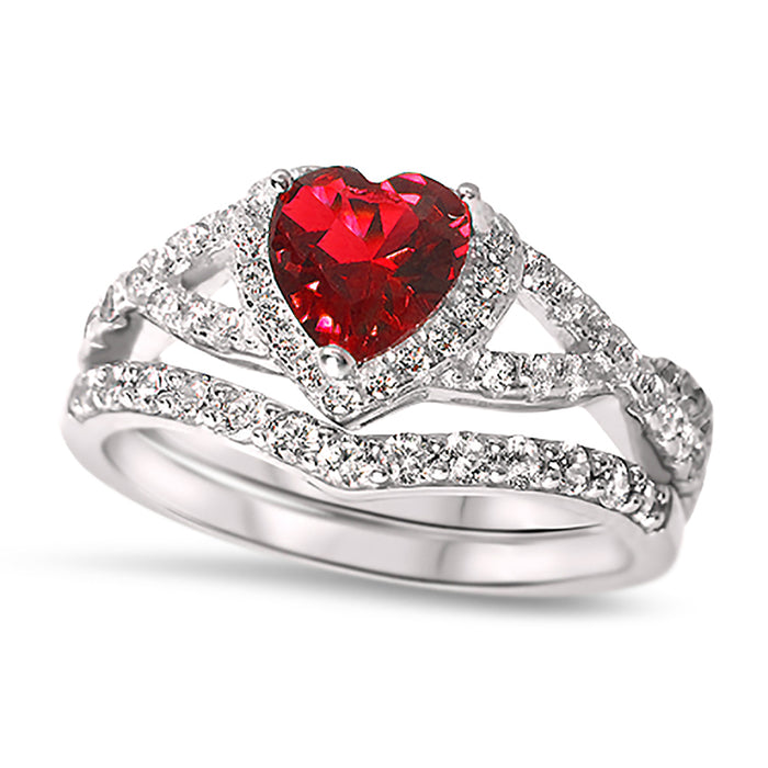 1 Carat Heart CZ Simulated Ruby Wedding Engagement Ring Set 925 Silver