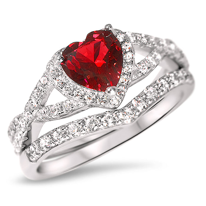 1 Carat Heart CZ Simulated Ruby Wedding Engagement Ring Set 925 Silver