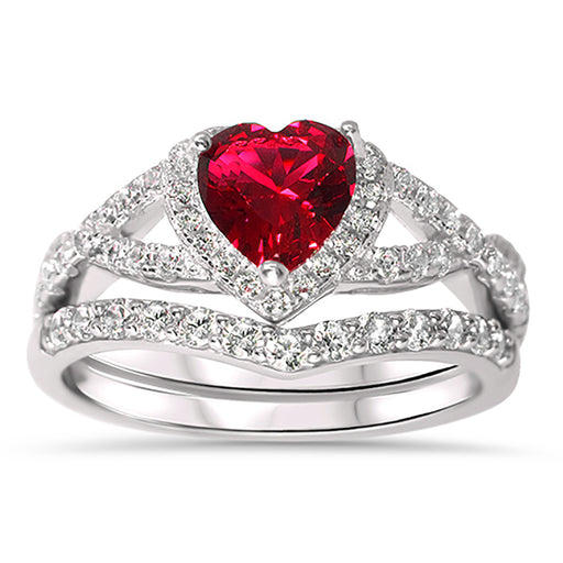 1 Carat Heart CZ Simulated Ruby Wedding Engagement Ring Set 925 Silver