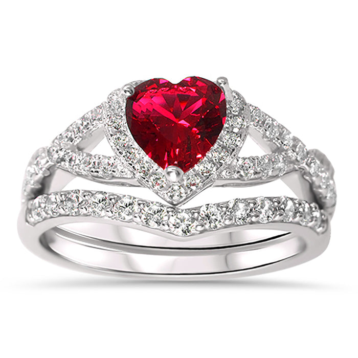 1 Carat Heart CZ Simulated Ruby Wedding Engagement Ring Set 925 Silver