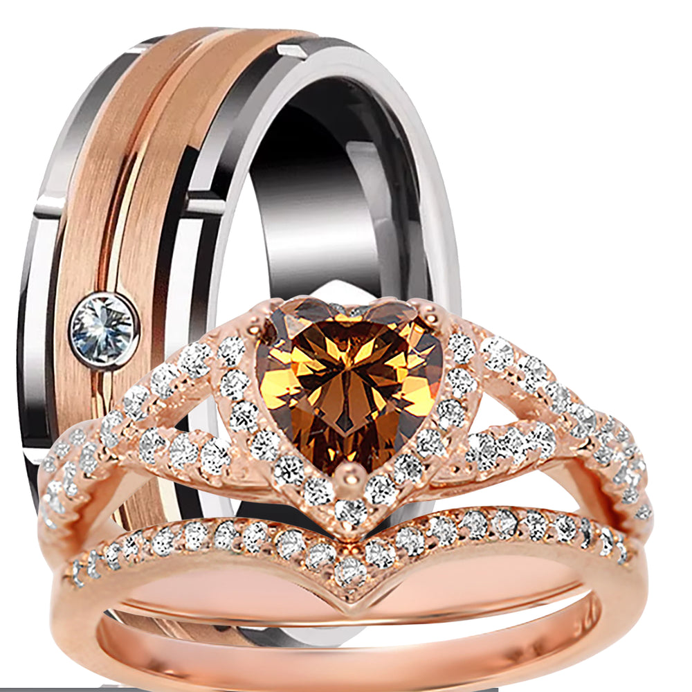 His Her Wedding Ring Set 3 Piece TRIO Silver Titanium Couples Engagement Promise Ring Set