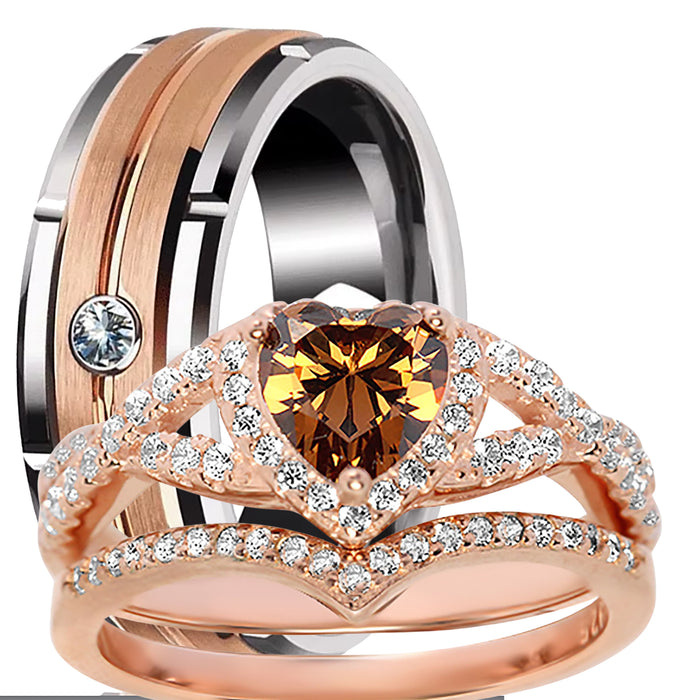 His Her Wedding Ring Set 3 Piece TRIO Silver Titanium Couples Engagement Promise Ring Set
