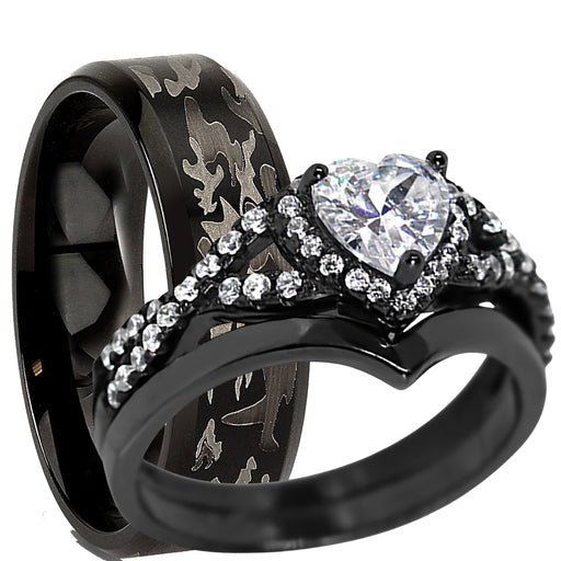 His and Her Black Wedding Ring Set Matching Couples Rings for Women Men