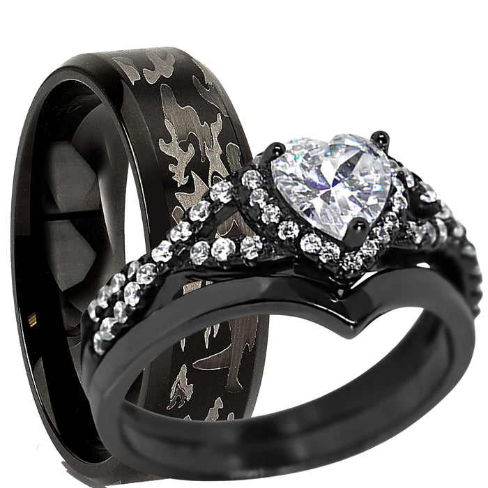 His and Her Black Wedding Ring Set Matching Couples Rings for