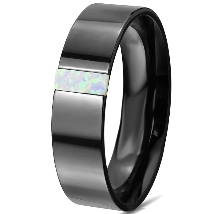 LaRaso & Co His Her Wedding Set 3 Piece Trio Opal Sterling Silver Black Ceramic Wedding Band Set