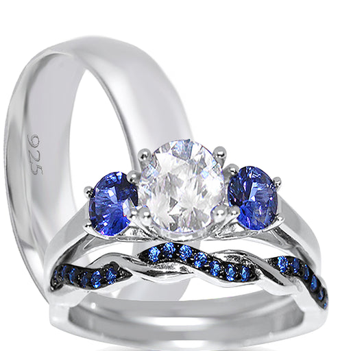 His and Her Simulated Blue Sapphire Sterling Silver Wedding Engagement Ring Set