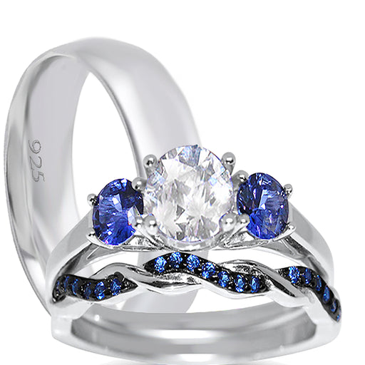 vintage blue white silver his and her wedding ring set