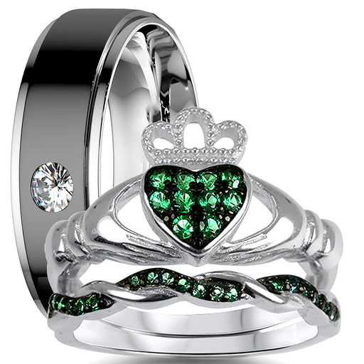 His Her Wedding Rings Set Emerald Green Celtic Irish Claddagh Unique Bridal Bands