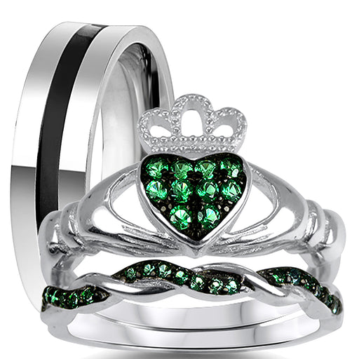 His Her Wedding Engagement Ring Set Emerald Green Claddagh Bridal Bands for Him Her