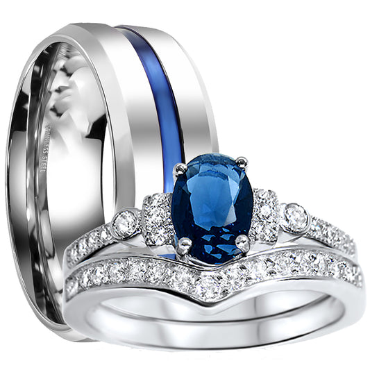 His and hers sapphire wedding ring set with sterling silver bridal rings and stainless steel men's band on white background