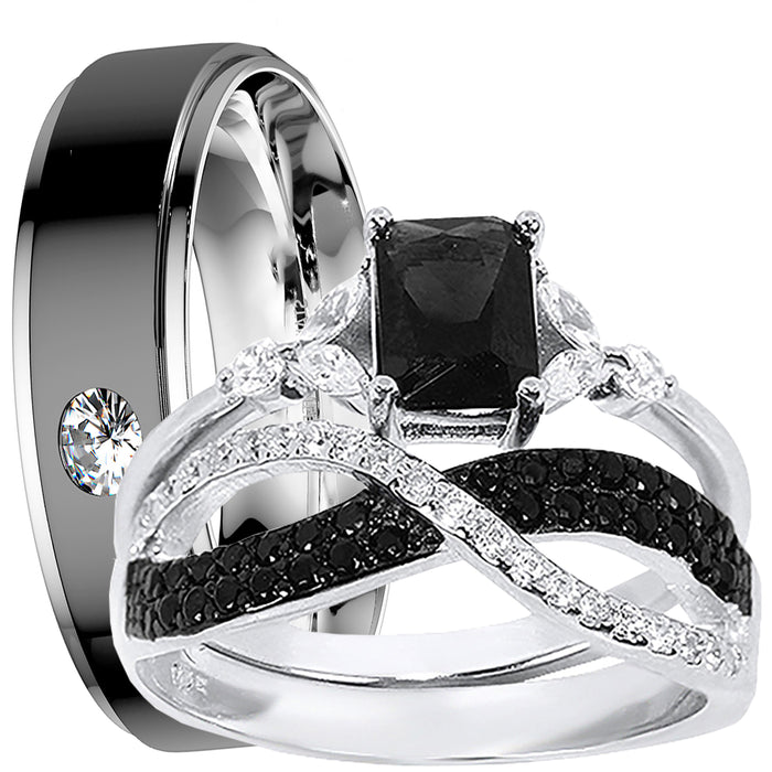 His and hers 3-piece emerald-cut black CZ wedding ring set with sterling silver bridal rings and black ceramic-coated stainless steel men's band