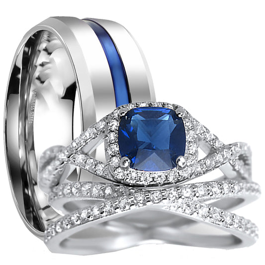 His and hers 3-piece CZ wedding ring set with sterling silver bridal rings and stainless steel men's band on white background