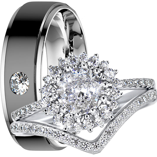 His and hers 3-piece round-cut CZ wedding ring set with sterling silver bridal rings and stainless steel men's band on white background