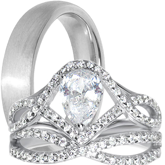 His and hers 3-piece pear-cut CZ wedding ring set with sterling silver bridal rings and stainless steel men's band on white background